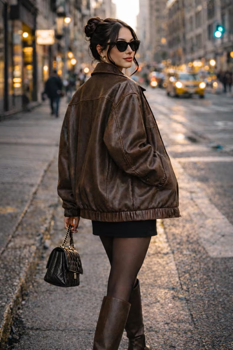 Vintage Oversized Brown Leather Bomber Jacket - Women’s Distressed Genuine Leather Coat
