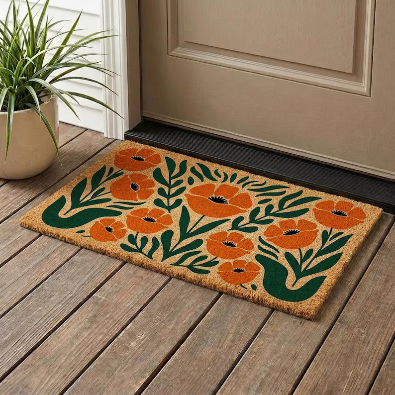 Retro Poppy Coir Doormat - Boho Floral Welcome Mat