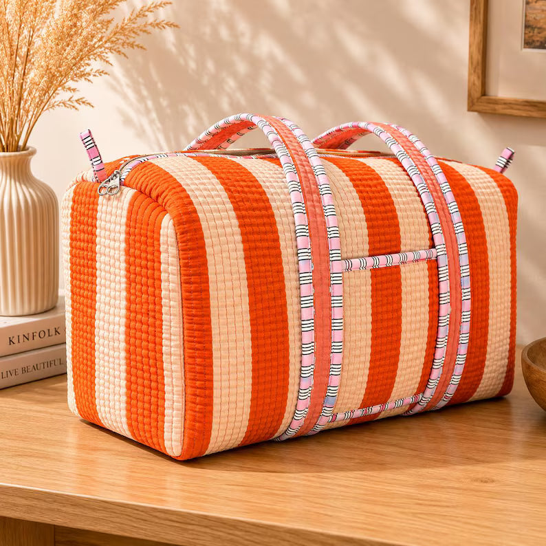 Rangsutra Quilted Weekender Bag - Orange Stripe Overnight Duffle