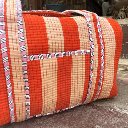 Rangsutra Quilted Weekender Bag - Orange Stripe Overnight Duffle