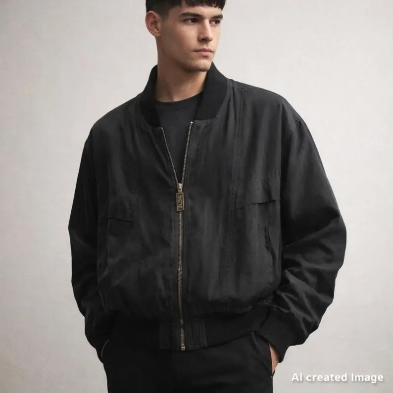 Vintage Silk Charcoal Gray Black Bomber Zip Jacket