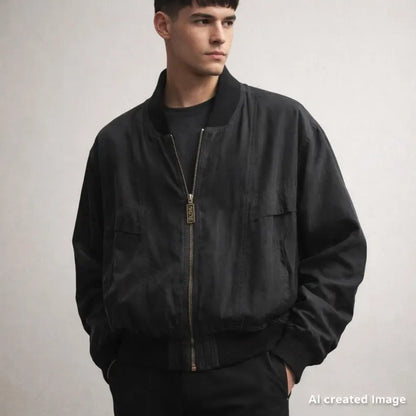Vintage Silk Charcoal Gray Black Bomber Zip Jacket