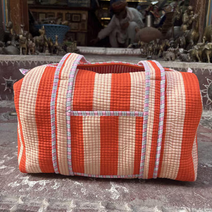 Rangsutra Quilted Weekender Bag - Orange Stripe Overnight Duffle