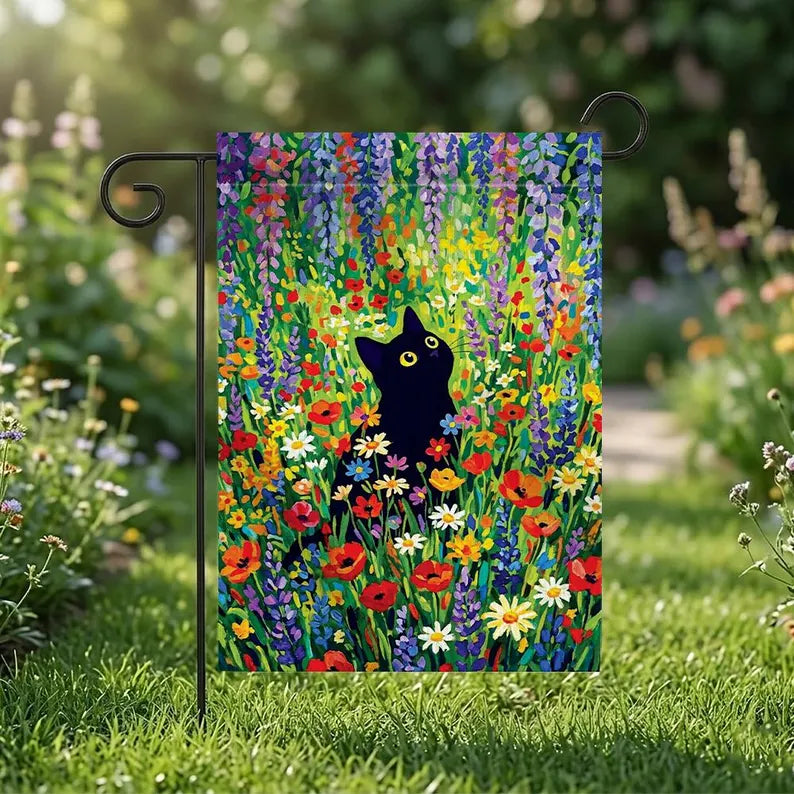 Floral Cat Garden Flag - Flowers Yard Banner Animal Outdoor Decor