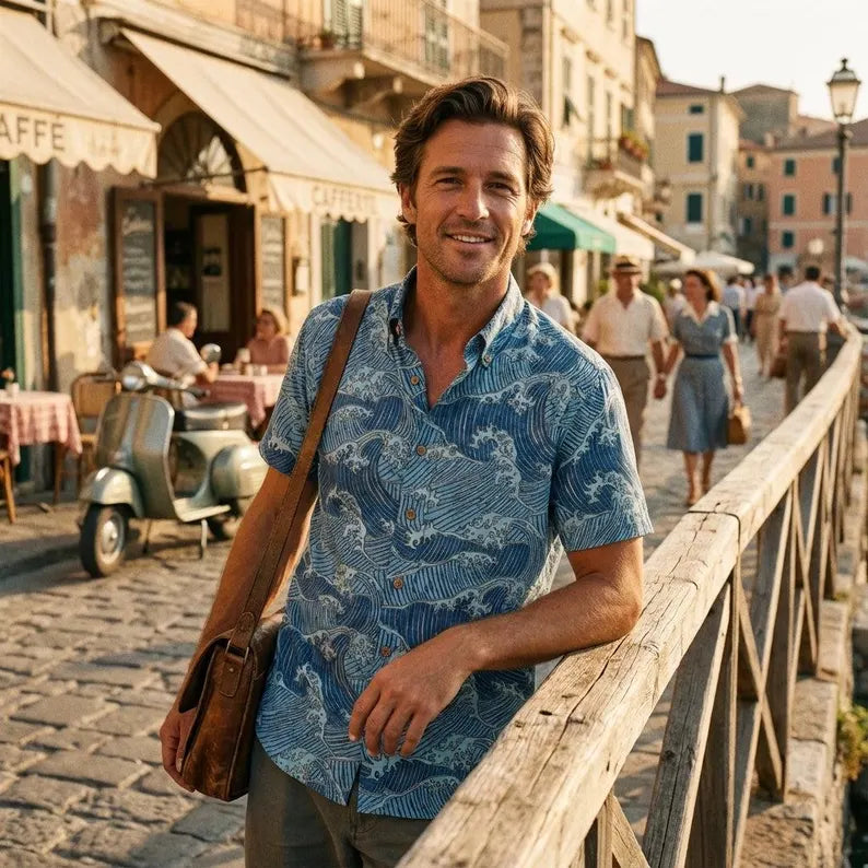 Men’s 100% Cotton Short Sleeve Hawaiian Shirt - Blue Ukiyo-e Ocean Waves Retro Aloha Resort Top