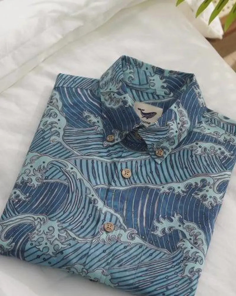Men’s 100% Cotton Short Sleeve Hawaiian Shirt - Blue Ukiyo-e Ocean Waves Retro Aloha Resort Top