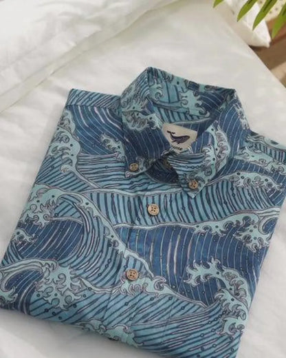 Men’s 100% Cotton Short Sleeve Hawaiian Shirt - Blue Ukiyo-e Ocean Waves Retro Aloha Resort Top
