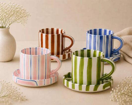 Artisan Striped Coffee Mug Set with Saucers - Four Ceramic Tea Cups