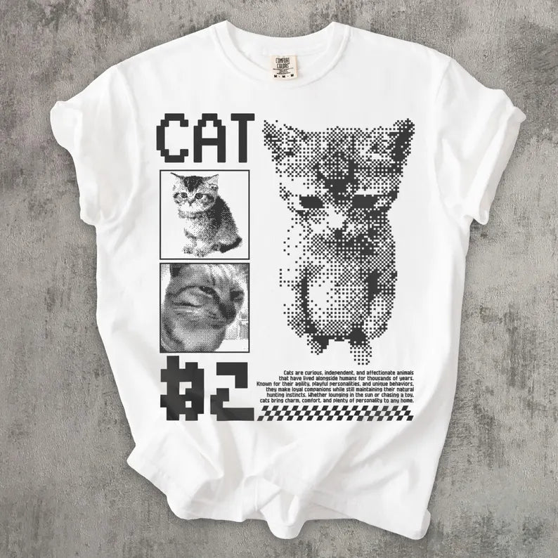 Funny Pixel Cat Graphic T-Shirt - Retro Gaming Cat Tee, Cute Gamer Cat Shirt