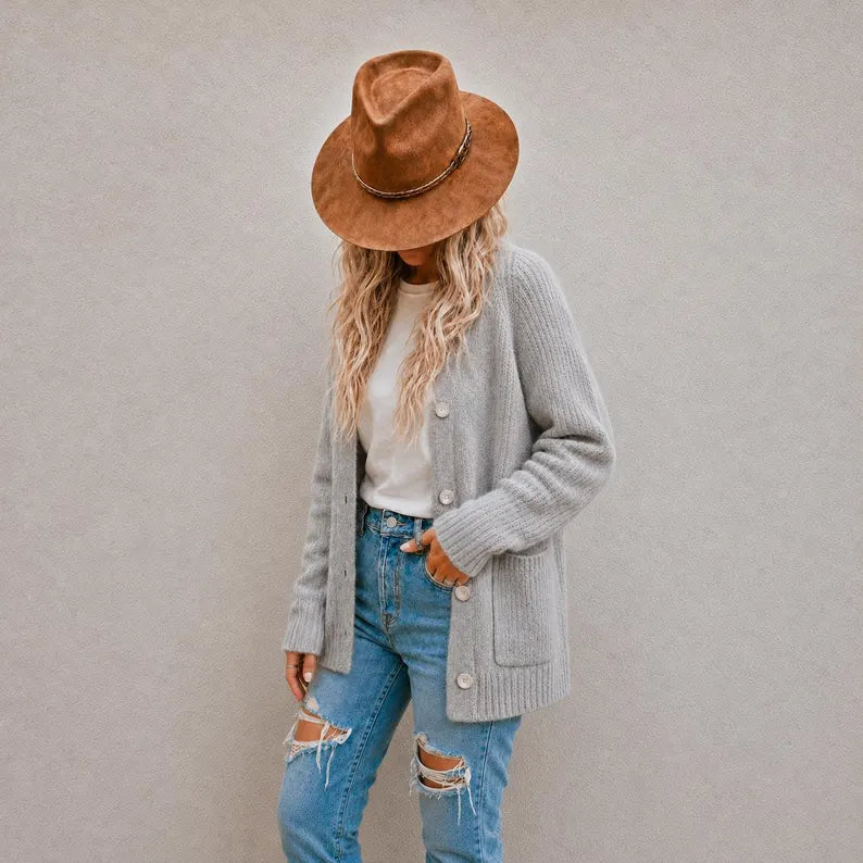 Classic Button Front Long Grey Cardigan - Super Soft Cotton Wool Knit Blend