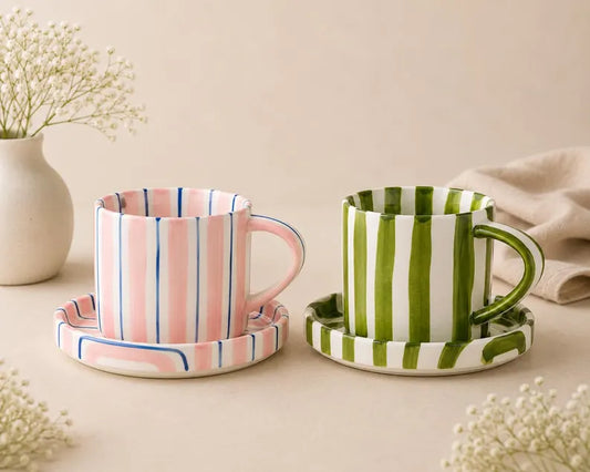 Artisan Striped Coffee Mug Set with Saucers - Four Ceramic Tea Cups