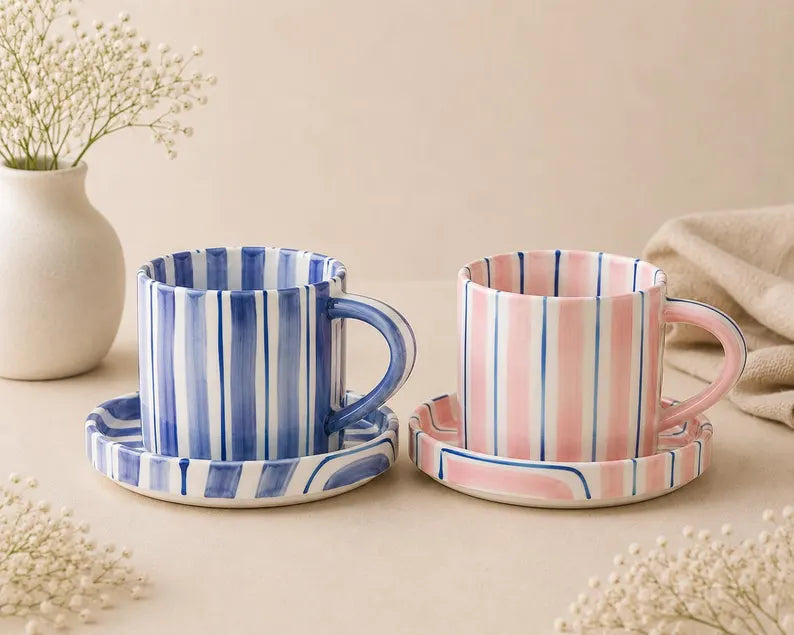 Artisan Striped Coffee Mug Set with Saucers - Four Ceramic Tea Cups