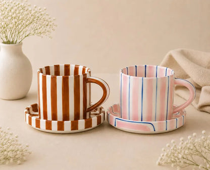 Artisan Striped Coffee Mug Set with Saucers - Four Ceramic Tea Cups