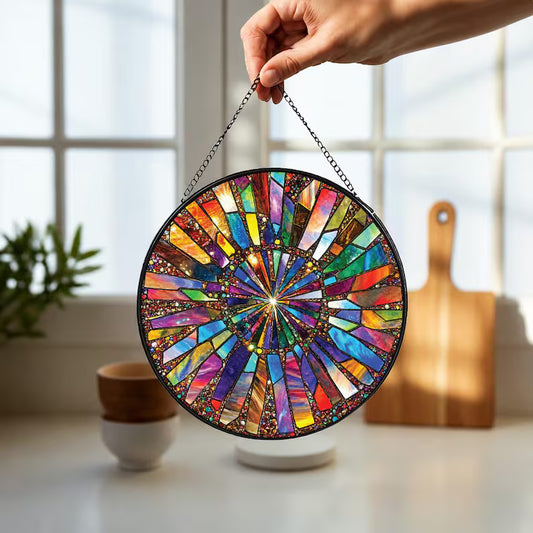 Rainbow Burst Stained Glass Suncatcher - Colorful Window Hanging Ornament