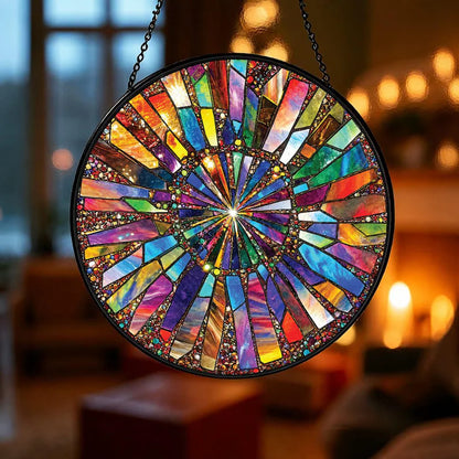 Rainbow Burst Stained Glass Suncatcher - Colorful Window Hanging Ornament