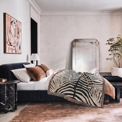 Abstract Zebra Stripe Woven Blanket - Cotton Throw with Fringed Edges & Modern Animal Print Decor