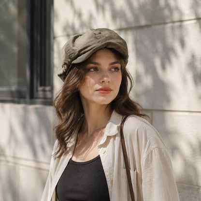 Soft Linen Newsboy Cap for Women - Vintage Brimmed Cabbie Beret Hat