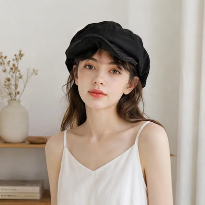Soft Linen Newsboy Cap for Women - Vintage Brimmed Cabbie Beret Hat