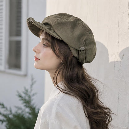 Soft Linen Newsboy Cap for Women - Vintage Brimmed Cabbie Beret Hat