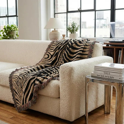 Abstract Zebra Stripe Woven Blanket - Cotton Throw with Fringed Edges & Modern Animal Print Decor