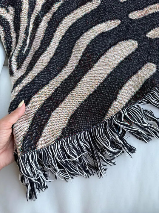 Abstract Zebra Stripe Woven Blanket - Cotton Throw with Fringed Edges & Modern Animal Print Decor