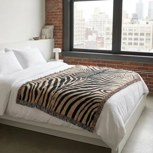Abstract Zebra Stripe Woven Blanket - Cotton Throw with Fringed Edges & Modern Animal Print Decor