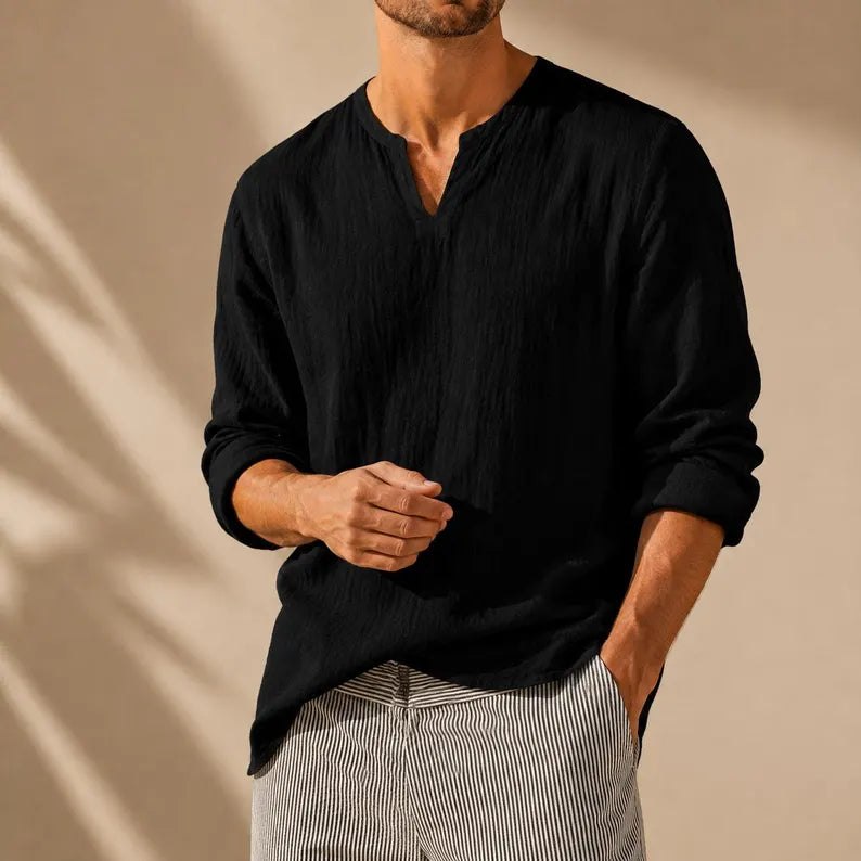 Cotton Linen V-Neck Shirt for Men - Long Sleeve Casual Summer Resort Top