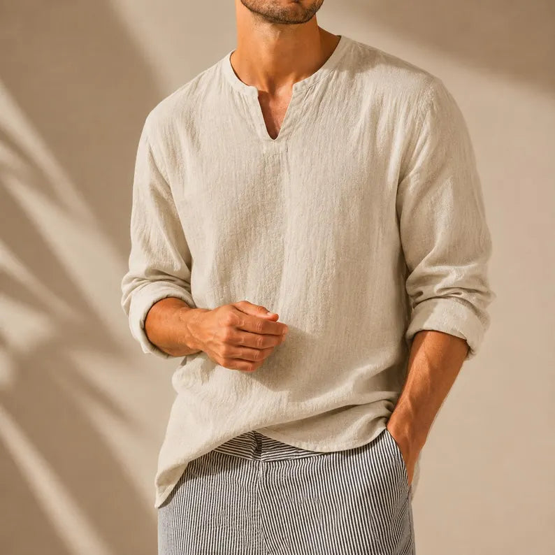 Cotton Linen V-Neck Shirt for Men - Long Sleeve Casual Summer Resort Top