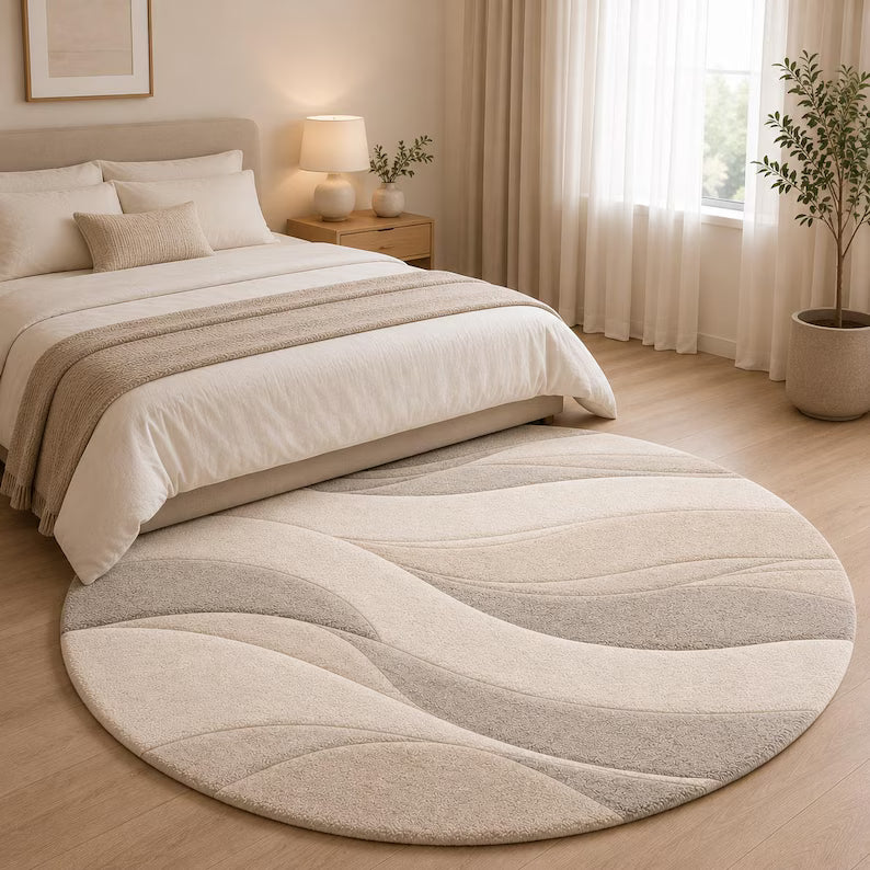 Hand Tufted New Zealand Wool Round Rug - Abstract Wave Living Room Carpet