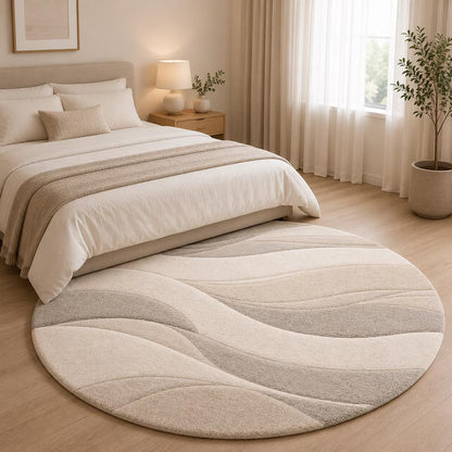 Hand Tufted New Zealand Wool Round Rug - Abstract Wave Living Room Carpet