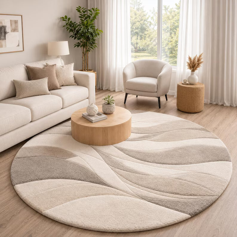 Hand Tufted New Zealand Wool Round Rug - Abstract Wave Living Room Carpet