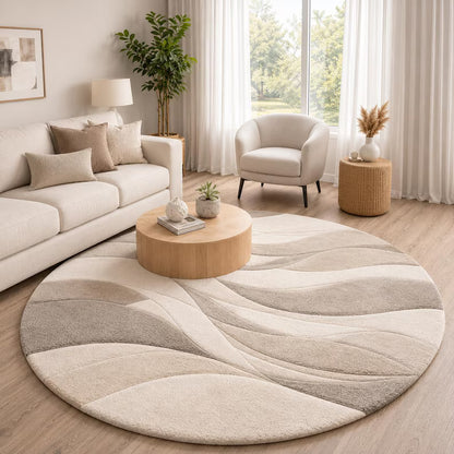 Hand Tufted New Zealand Wool Round Rug - Abstract Wave Living Room Carpet