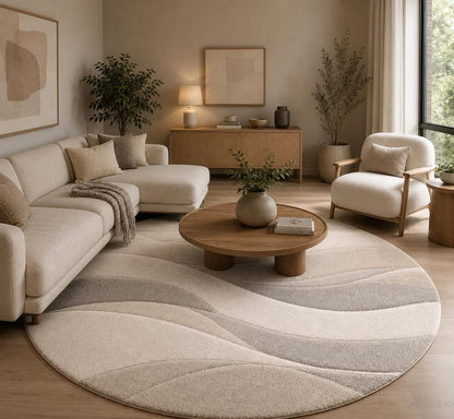 Hand Tufted New Zealand Wool Round Rug - Abstract Wave Living Room Carpet