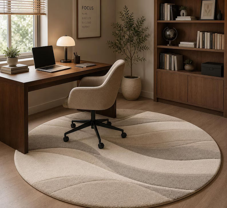 Hand Tufted New Zealand Wool Round Rug - Abstract Wave Living Room Carpet