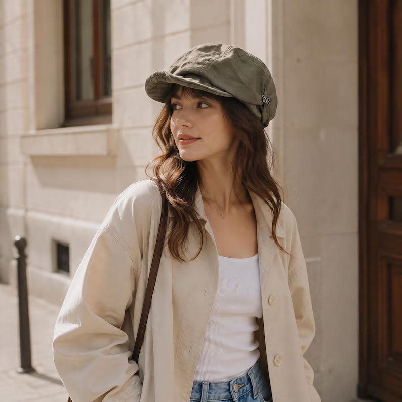 Soft Linen Newsboy Cap for Women - Vintage Brimmed Cabbie Beret Hat