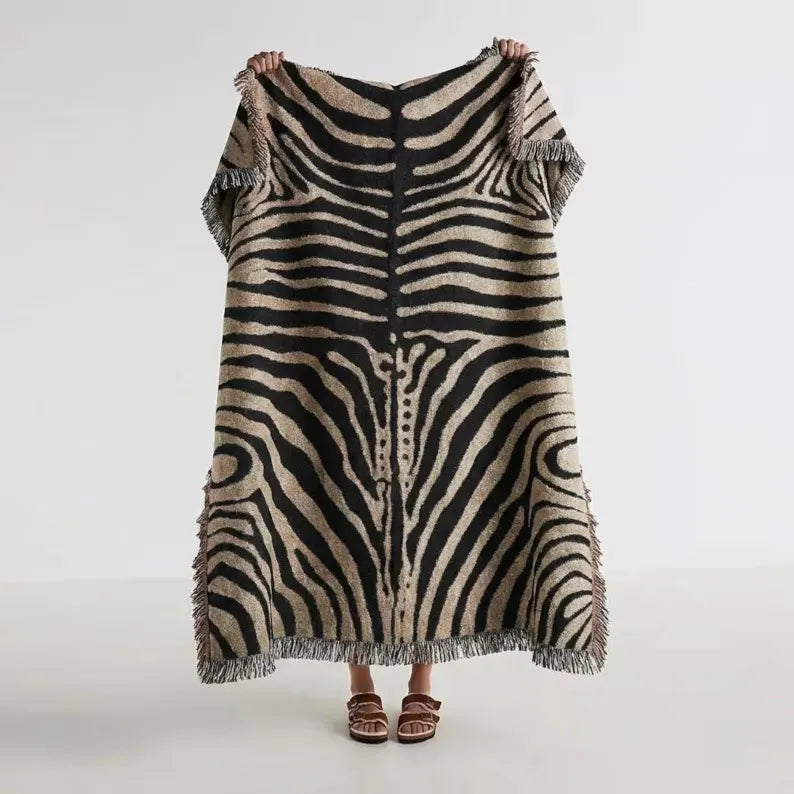 Abstract Zebra Stripe Woven Blanket - Cotton Throw with Fringed Edges & Modern Animal Print Decor