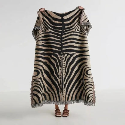 Abstract Zebra Stripe Woven Blanket - Cotton Throw with Fringed Edges & Modern Animal Print Decor