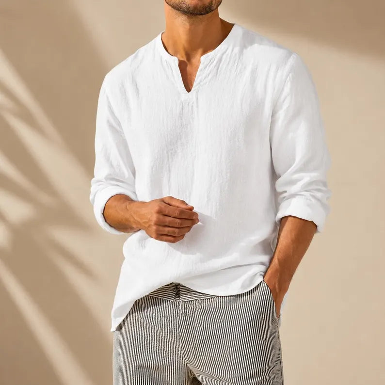 Cotton Linen V-Neck Shirt for Men - Long Sleeve Casual Summer Resort Top