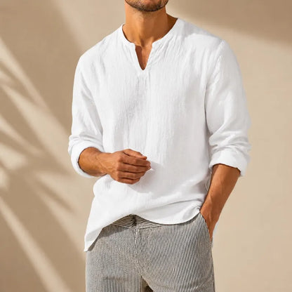 Cotton Linen V-Neck Shirt for Men - Long Sleeve Casual Summer Resort Top