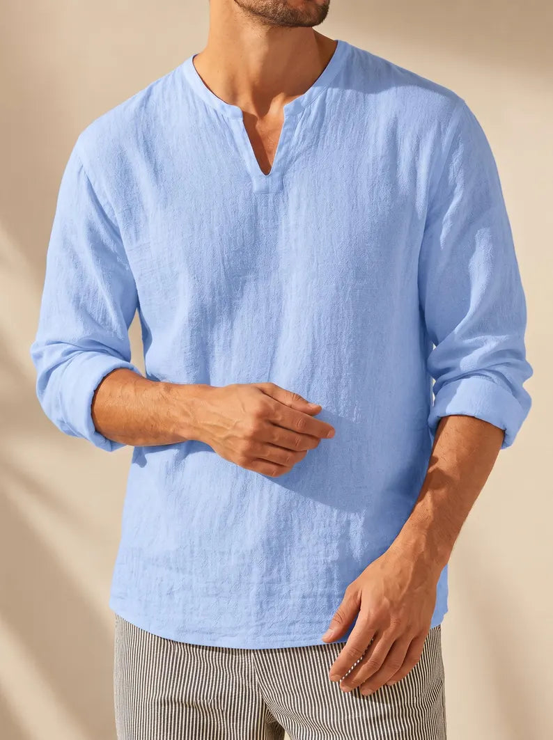 Cotton Linen V-Neck Shirt for Men - Long Sleeve Casual Summer Resort Top
