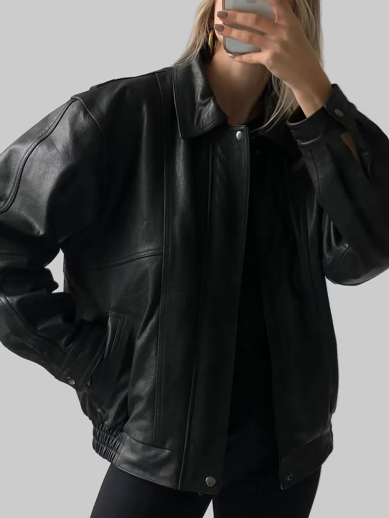 Oversized Retro Real Black Leather Jacket - Vintage Bomber Boxy Fit Coat