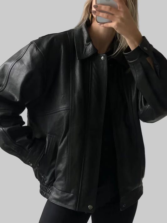 Oversized Retro Real Black Leather Jacket - Vintage Bomber Boxy Fit Coat