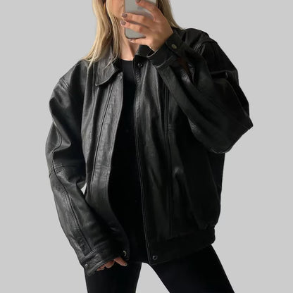 Oversized Retro Real Black Leather Jacket - Vintage Bomber Boxy Fit Coat