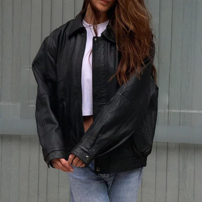Oversized Retro Real Black Leather Jacket - Vintage Bomber Boxy Fit Coat